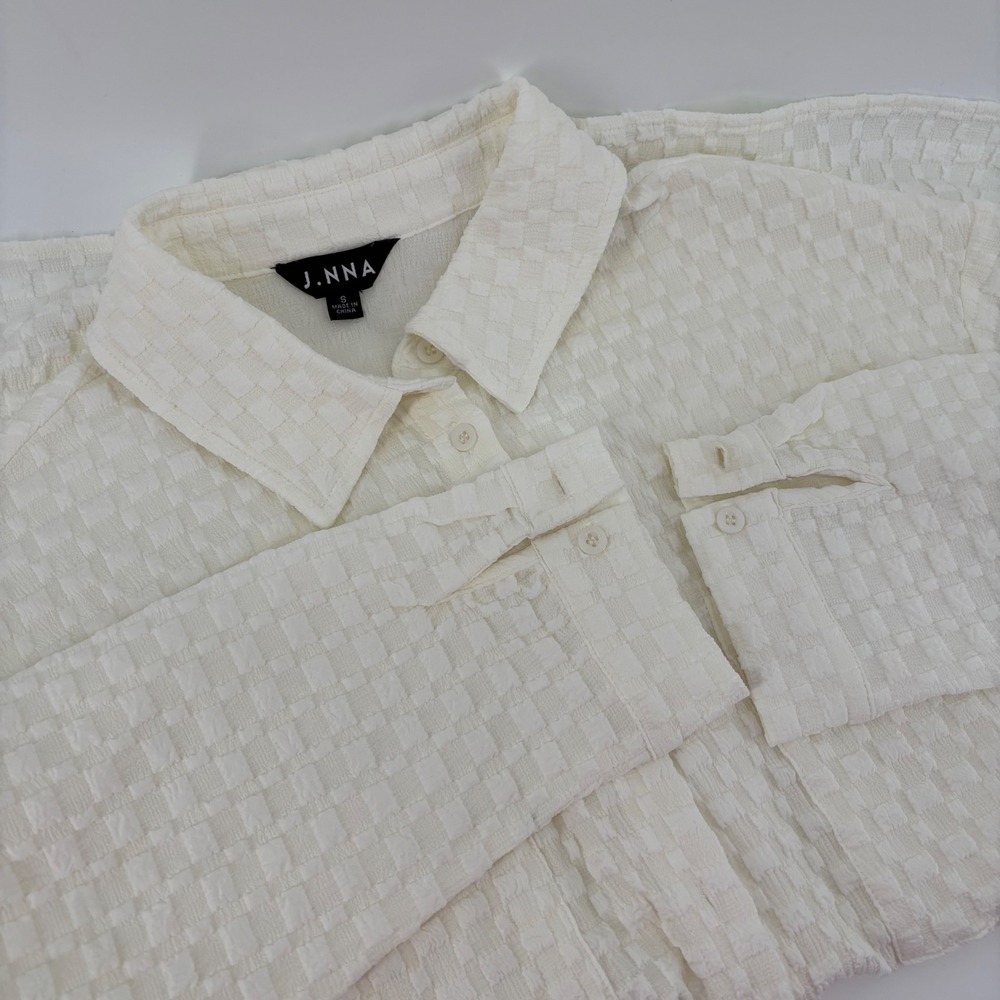J.NNA Button Down‎ Blouse Women Small Cream Coastal Grandma Textured Relaxed Fit